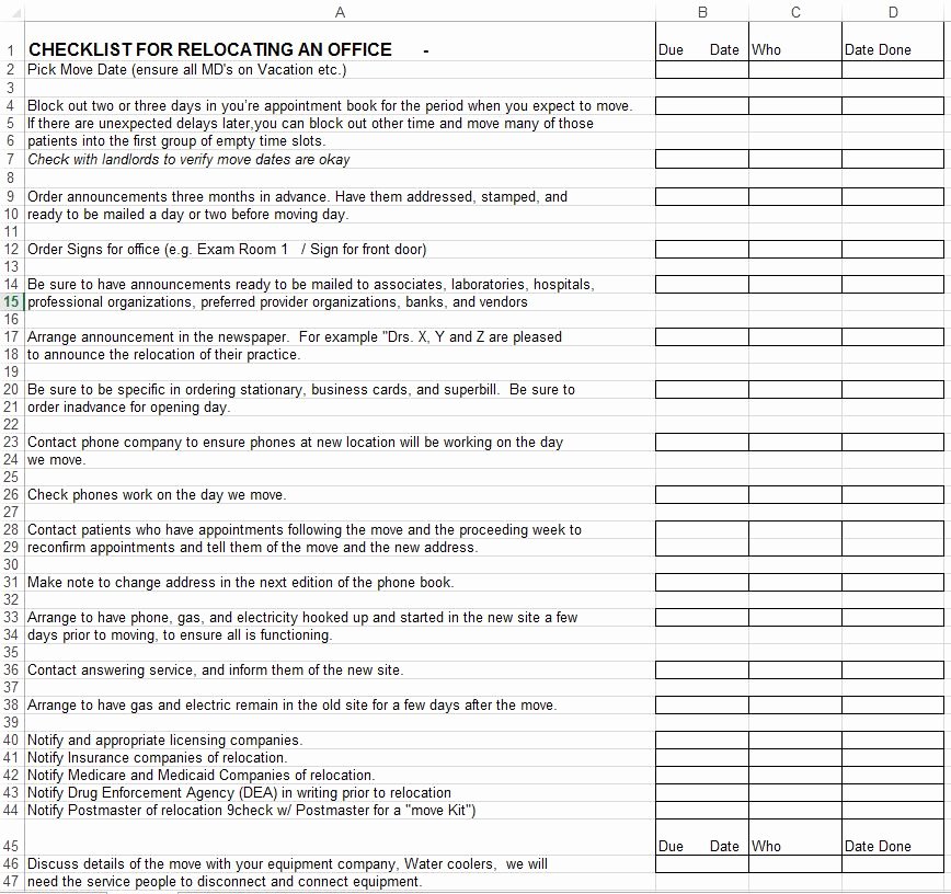 Moving Office Checklist Template Inspirational Medical Practice Fice Relocation Checklist Physician