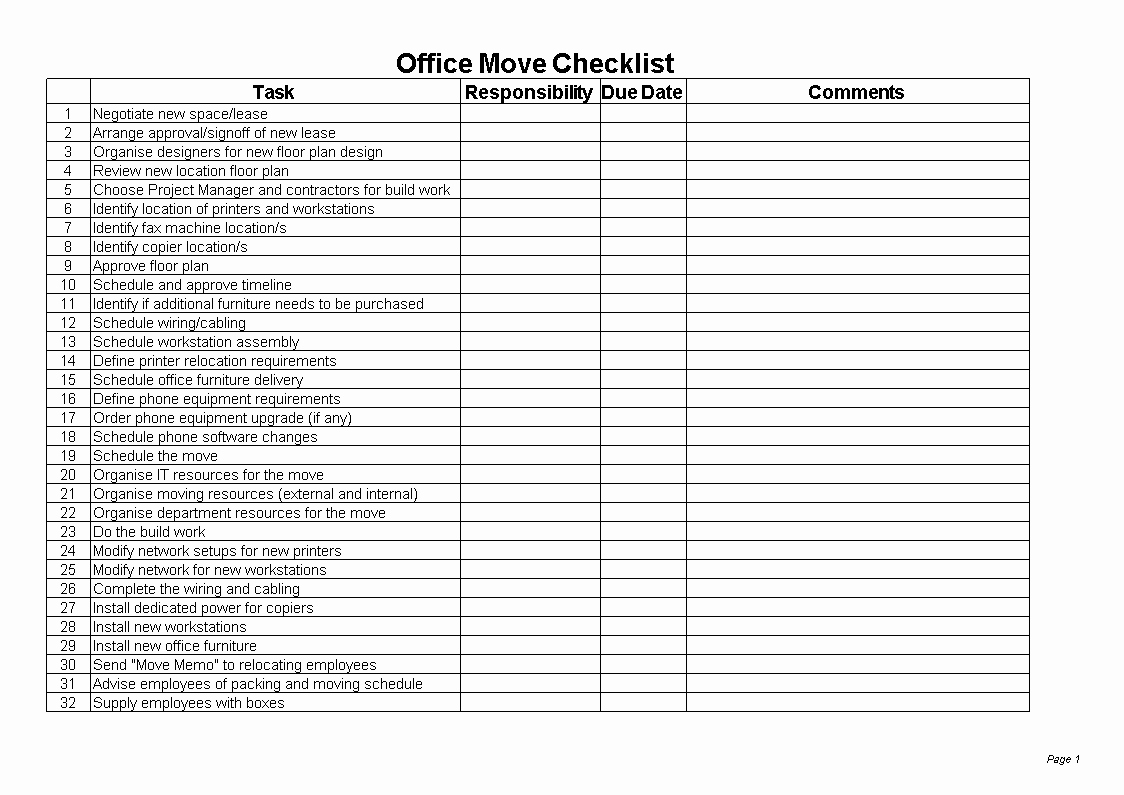 Moving Office Checklist Template Unique Free Fice Move Checklist Excel