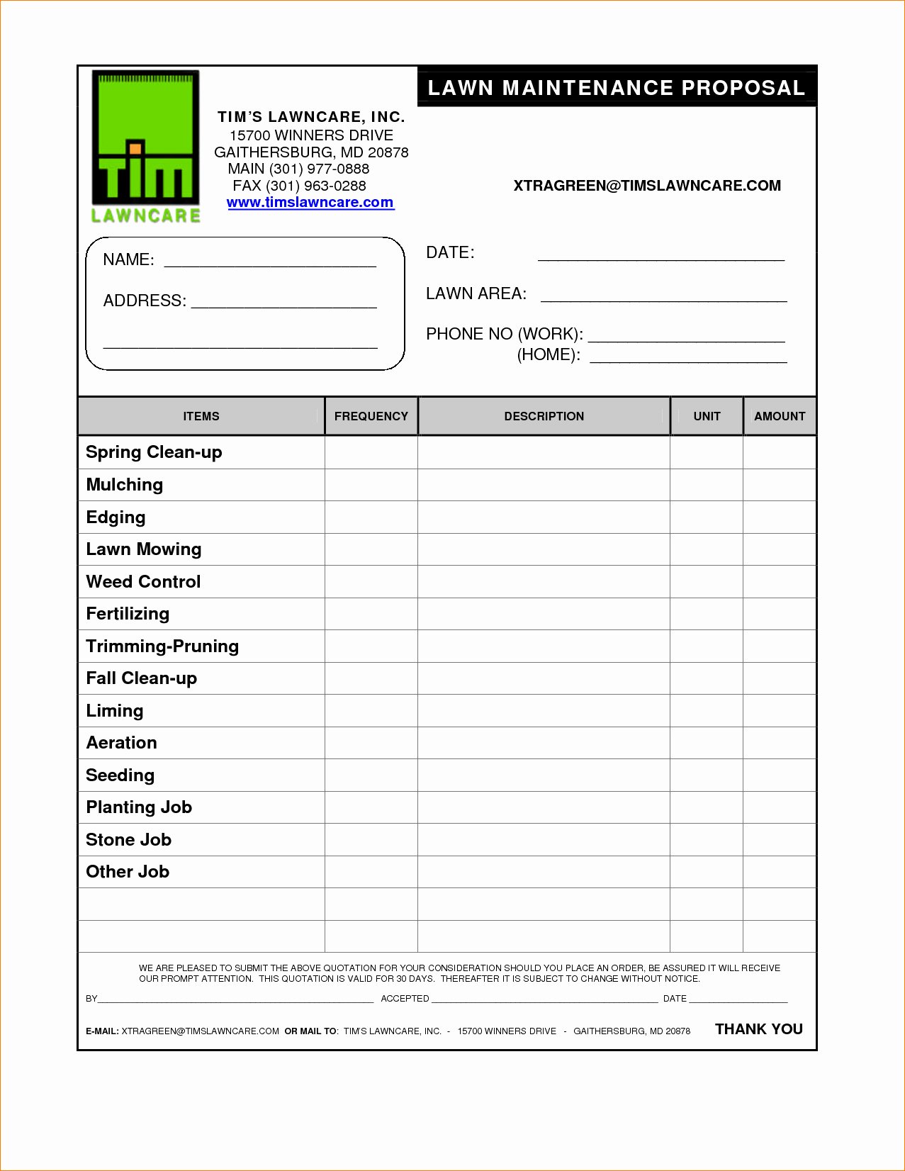 Mowing Schedule Template Lovely Lawn Care Bid Template