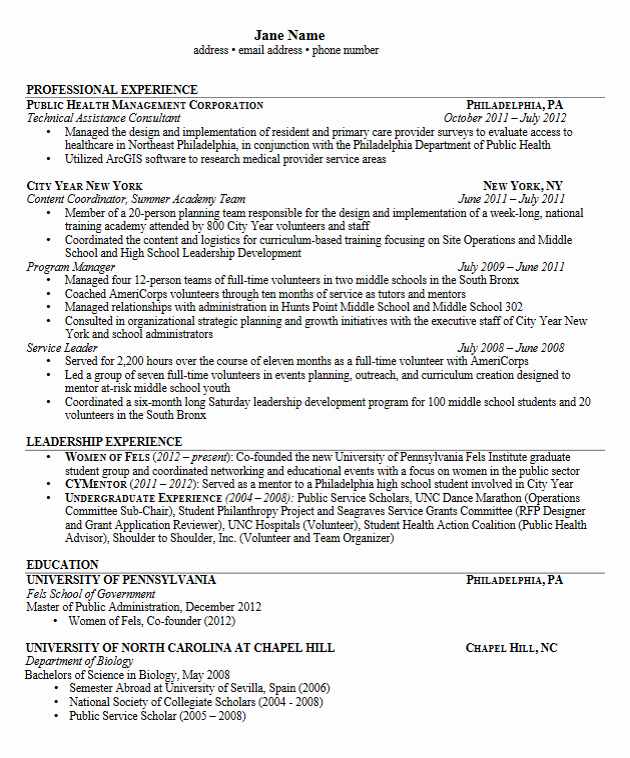 Mpa Personal Statement Sample Inspirational Career Services Sample Resumes for Graduate Students and