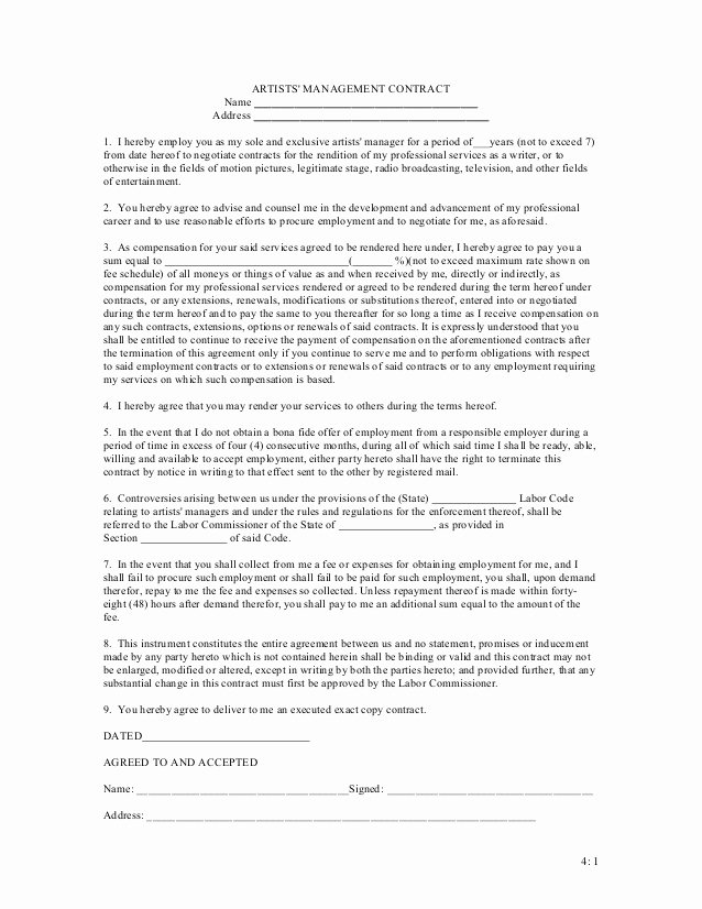Music Artist Contract Template Best Of Artists Management Contract