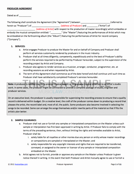 Music Artist Contract Template Inspirational Producer Contract for Working with A Signed Artist
