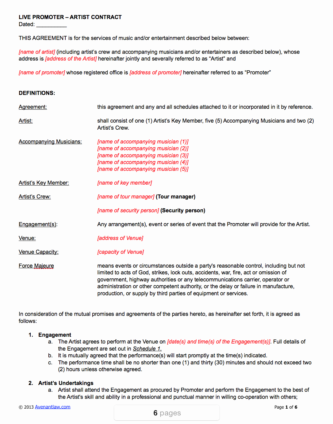 Music Performance Contract Template Elegant Live Promoter Artist Contract Template