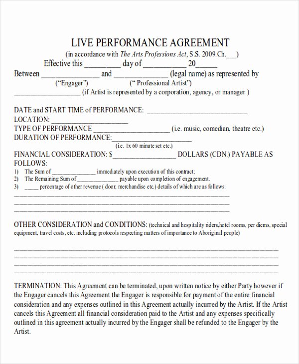 Music Performance Contract Template Elegant Performance Agreement Contract Sample 10 Examples In