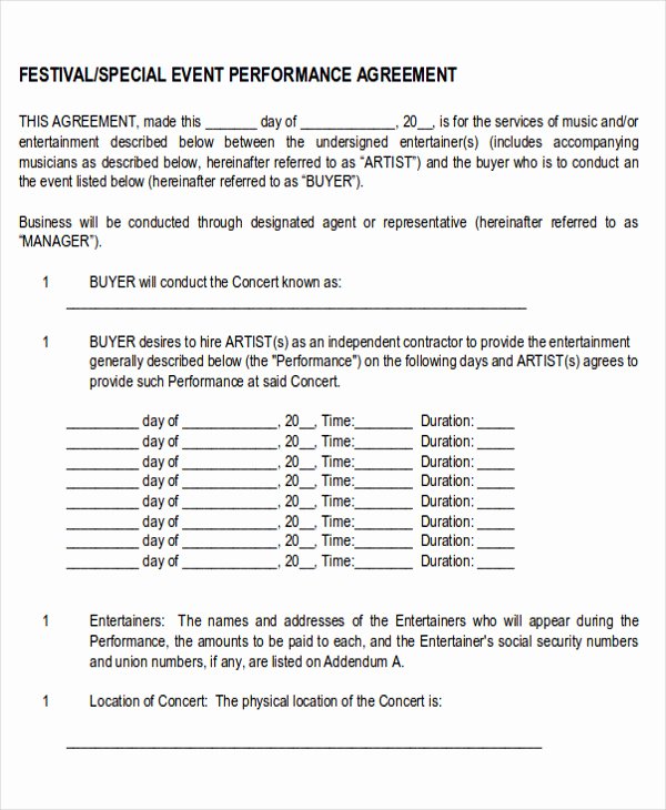 Music Performance Contract Template Fresh Performance Agreement Contract Sample 10 Examples In