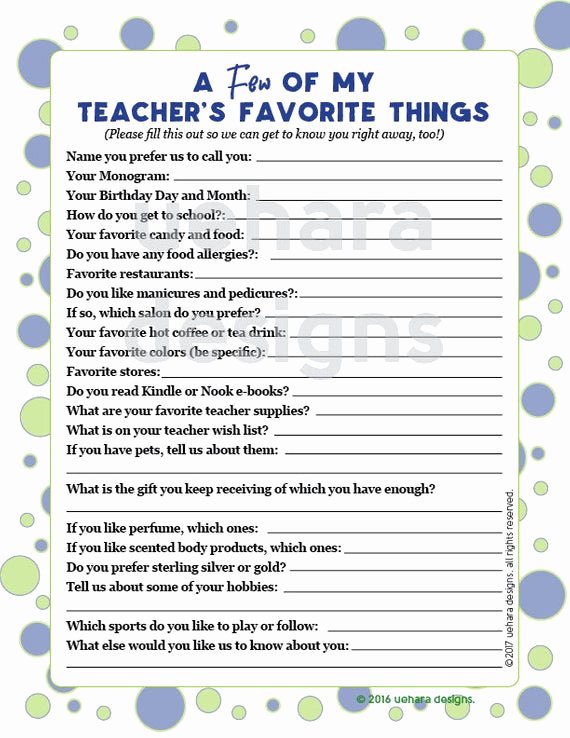 My Favorite Things List Template Inspirational Teacher S Favorites List Teacher Questionnaire Teacher