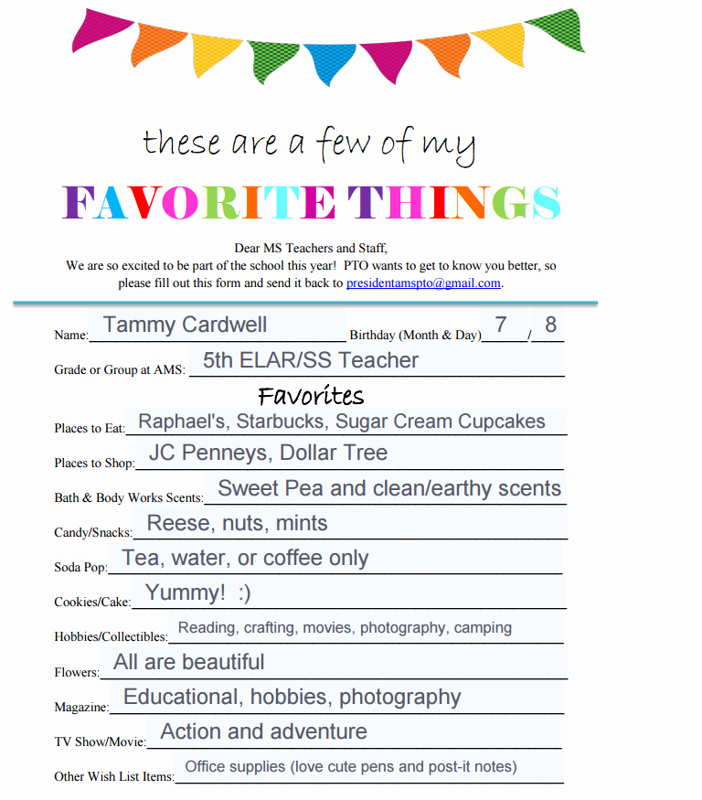 My Favorite Things List Template Luxury Cardwell Tammy 5th Elar Meet the Teacher