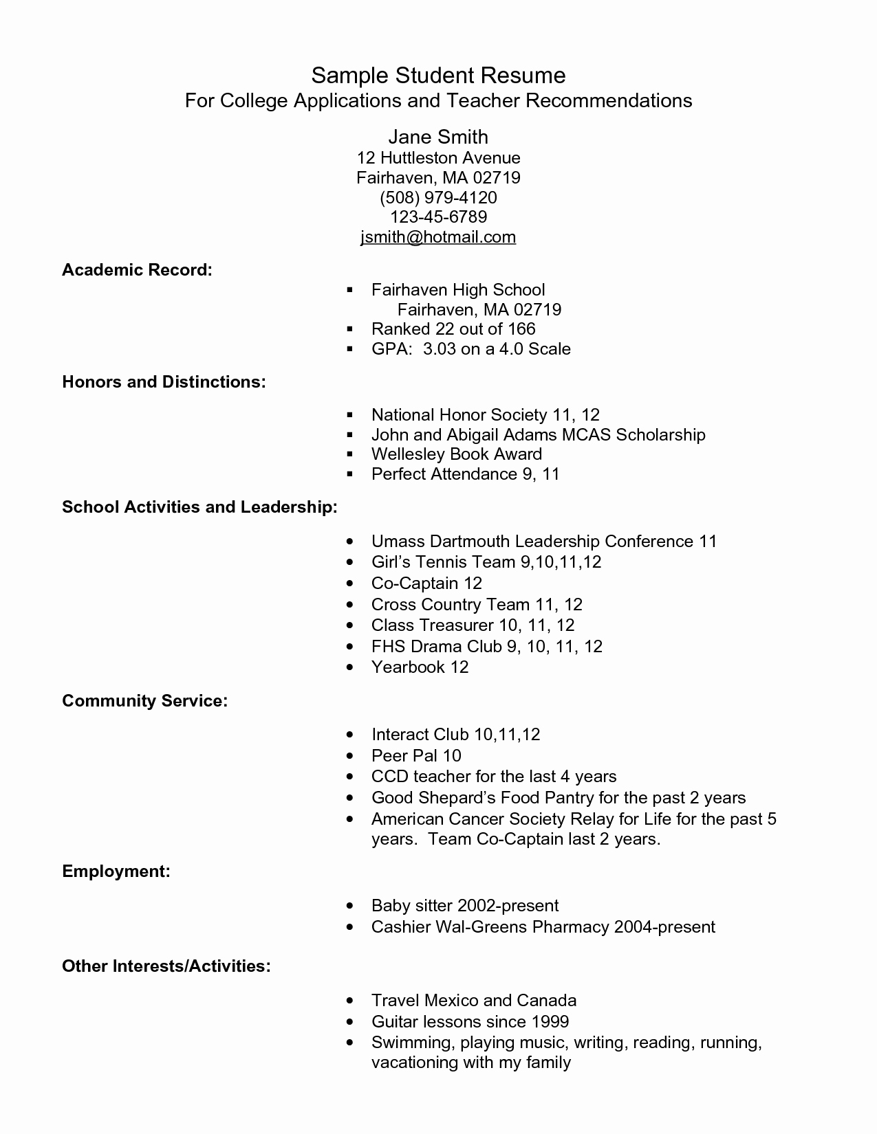 National Honor society Resume New Example Resume for High School Students for College