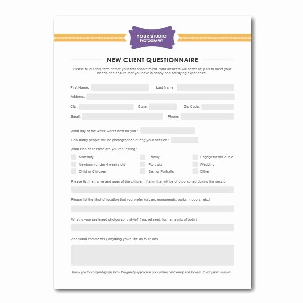 New Client form Template Beautiful New Client Questionnaire form Template for Graphers