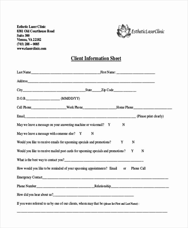 New Client form Template Fresh 9 Client Information Sheet Templates Free Samples