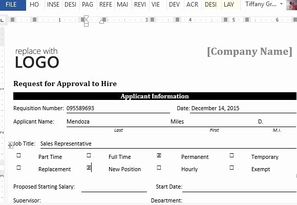 New Hire Requisition form New Sample Request form for Approval to Hire for Word