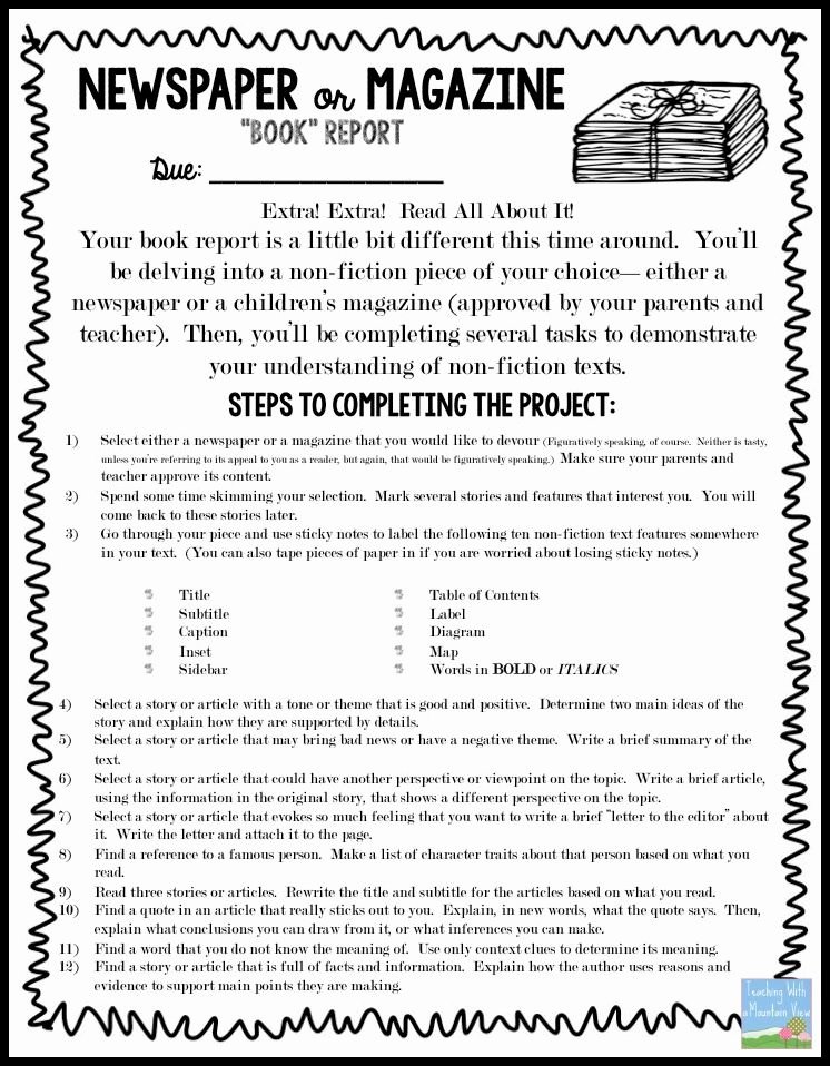 Newspaper Book Report Template Unique Non Fiction Newspaper or Magazine &quot;book&quot; Report