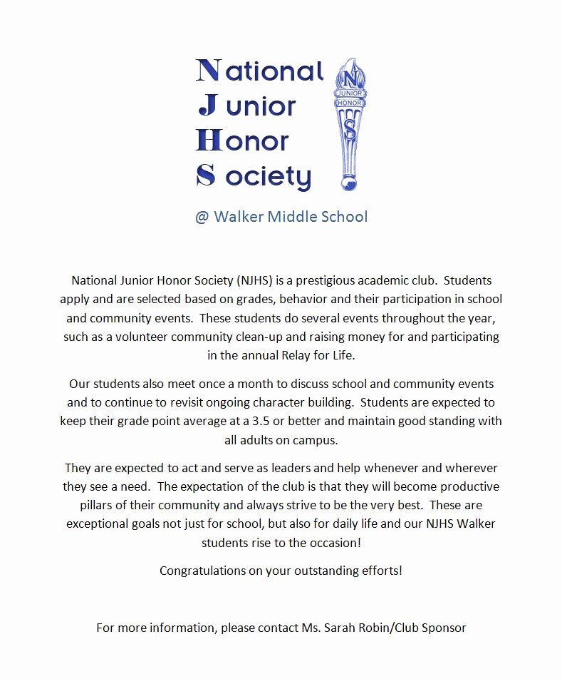 Nhs Acceptance Letter Sample Elegant Walker National Junior Honor society Walker Ms