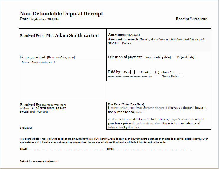 Non Refundable Deposit form Template Beautiful Non Refundable Deposit Receipt Template