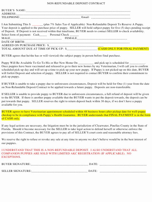 Non Refundable Deposit form Template Best Of Non Refundable Puppy Deposit Contract Template Download