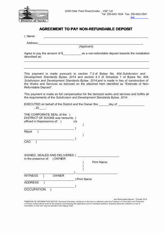 Non Refundable Deposit form Template New Agreement to Pay Non Refundable Deposit Printable Pdf