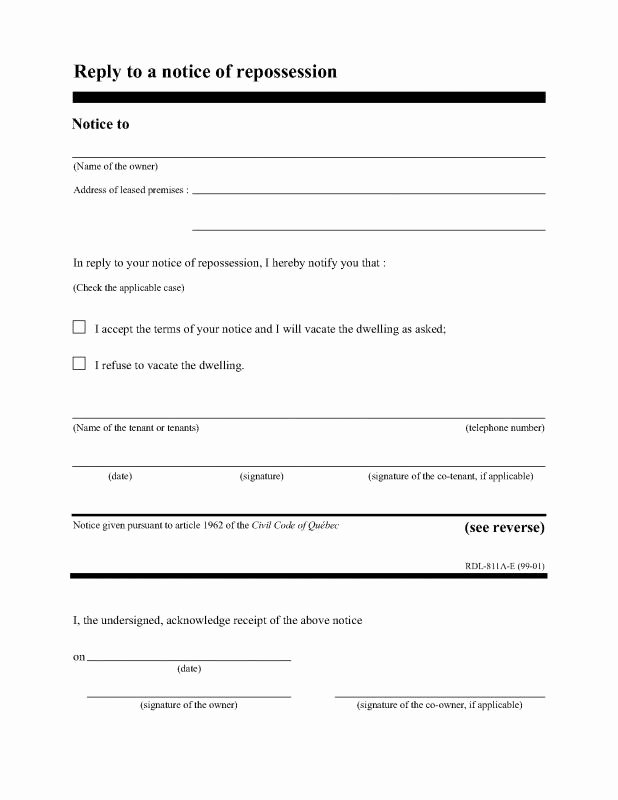 Notice Of Repossession Letter Template Elegant Notice to Vacate form