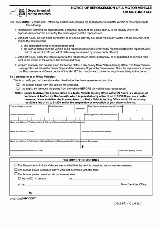 Notice Of Repossession Letter Template Inspirational Fillable form Mv 327 Notice Repossession A Motor