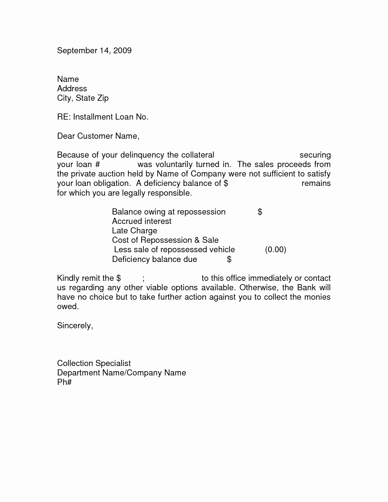 Notice Of Repossession Letter Template Luxury Best S Of Zero Balance Notification Letter Closing