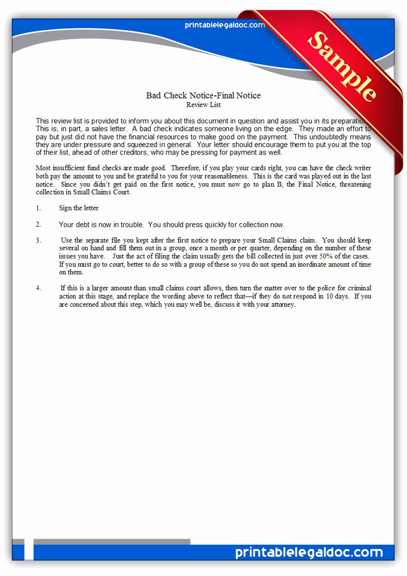 Nsf Letter Template Best Of Free Printable Bad Check Notice Final Notice form Generic