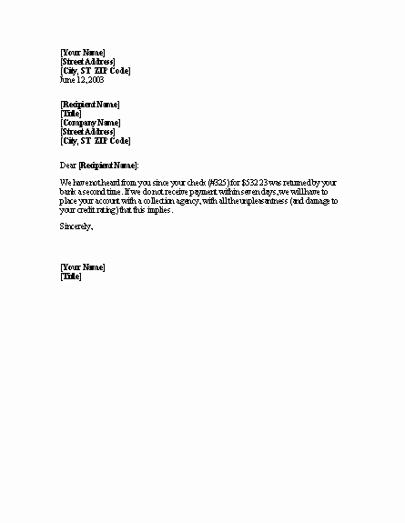 Nsf Letter Template New Download Bad Check Turning Over for Collection Word 2003