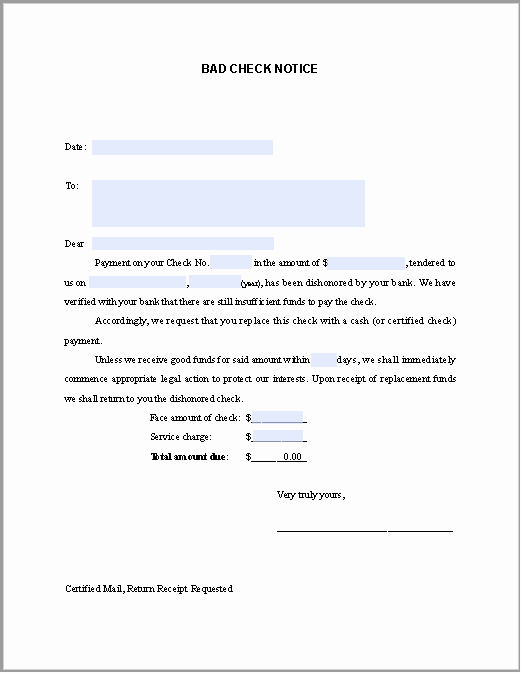 Nsf Letter Template Unique Bad Check Notice Sample