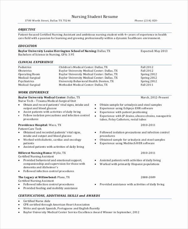 Nursing Clinical Experience Resume Beautiful 8 Sample Nursing Student Resumes