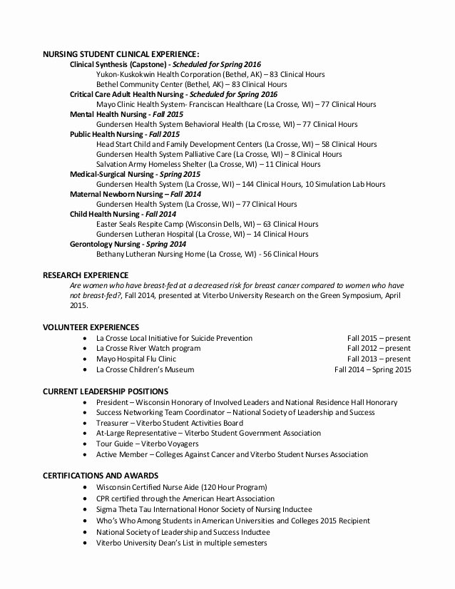 Nursing Clinical Experience Resume Lovely Professional Nursing Resume Brandon Stiefel