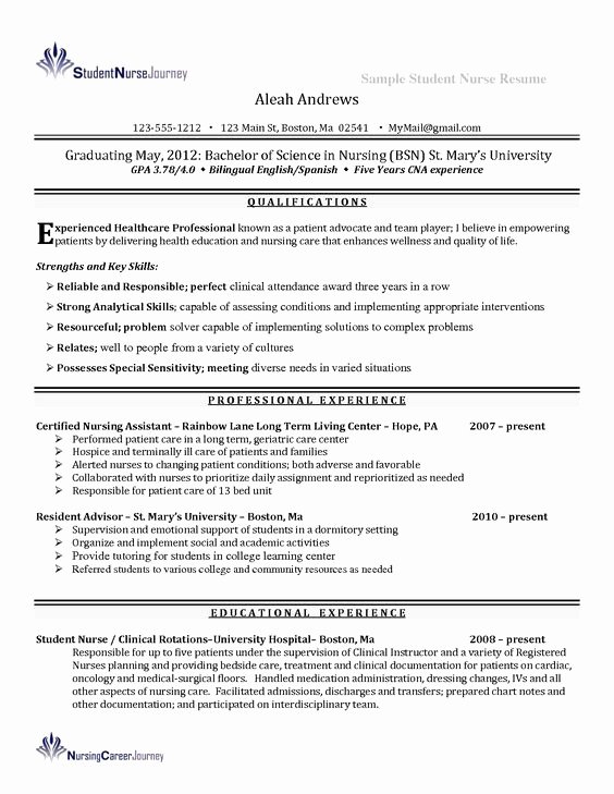 Nursing Clinical Experience Resume New Nursing Student and Resume Examples On Pinterest