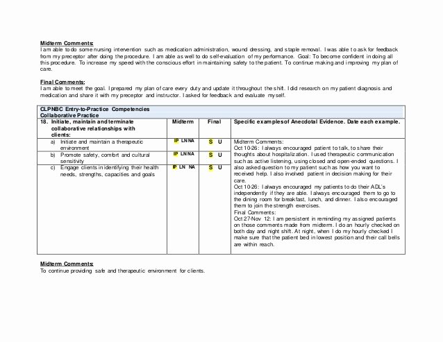 Nursing Evaluation Comments Examples Lovely Practical Nursing Preceptorship Evaluation