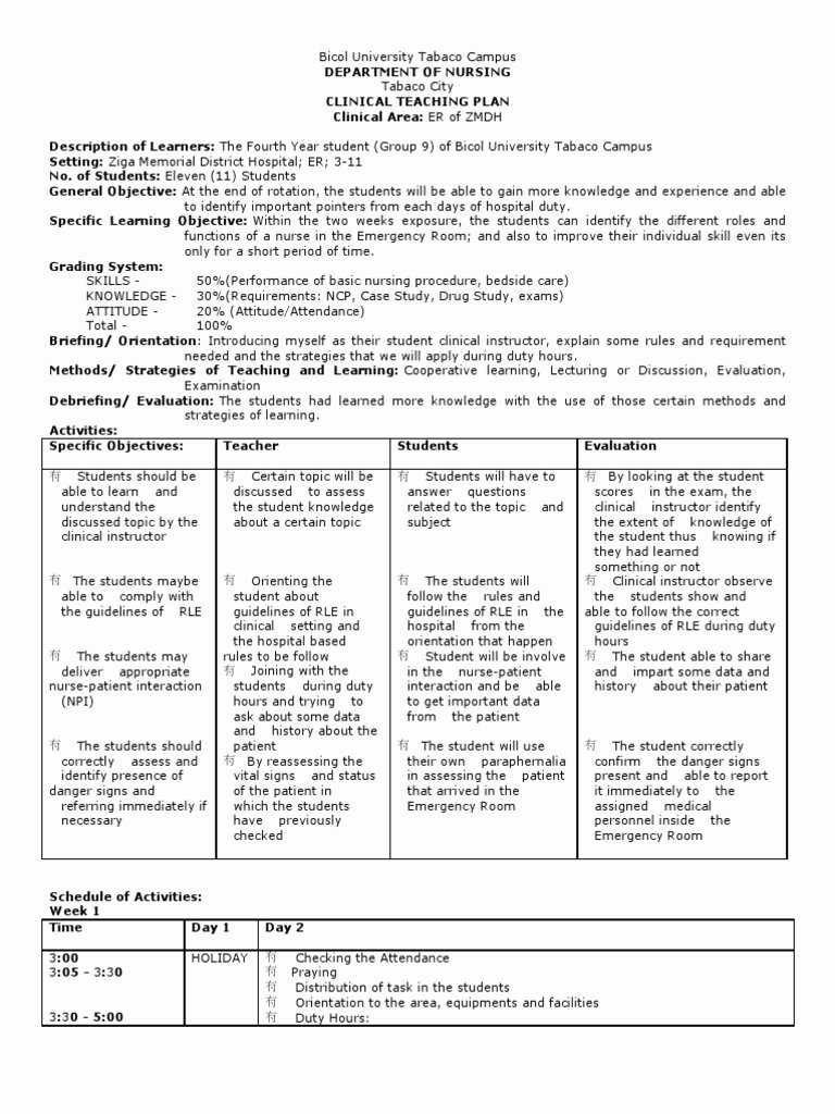 Nursing Patient Teaching Plan Sample New Clinical Teaching Plan Emergency Department