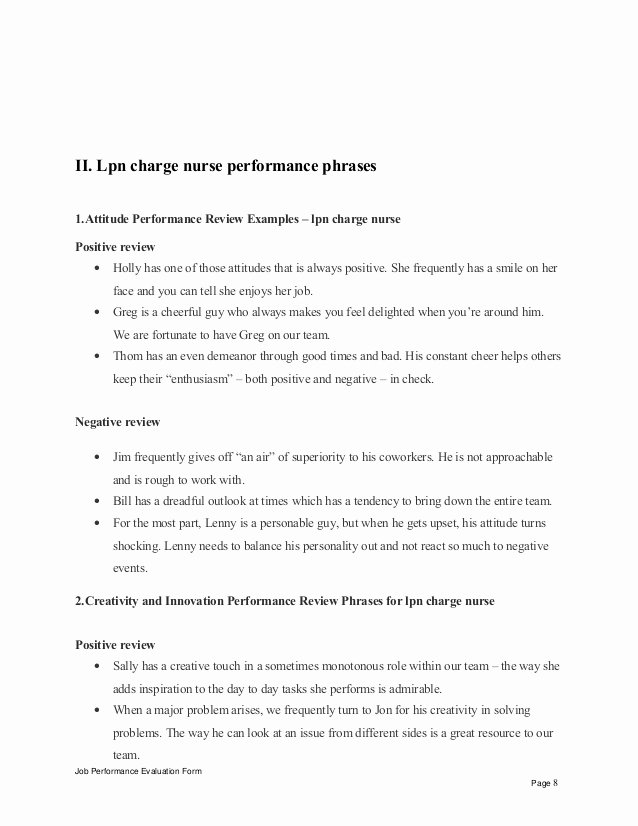 Nursing Peer Evaluation Comments Examples Inspirational Lpn Charge Nurse Performance Appraisal