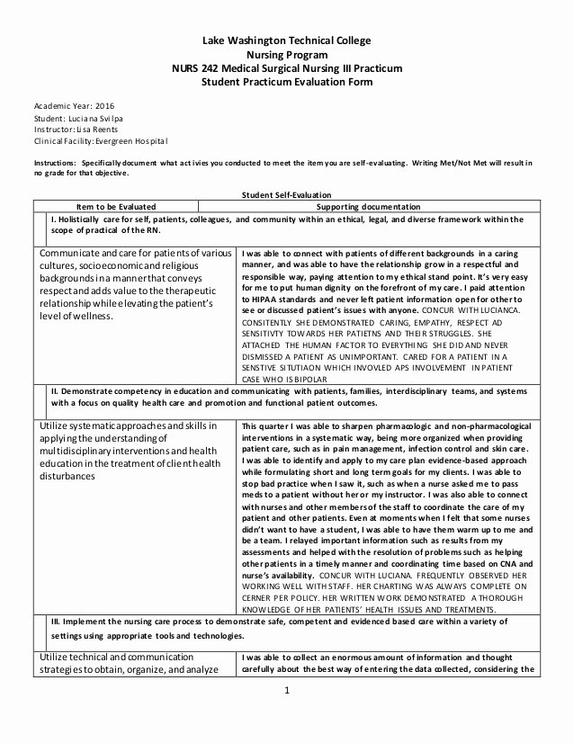 Nursing Student Evaluation Comments Examples Best Of Medical Surgical Iii Evaluation