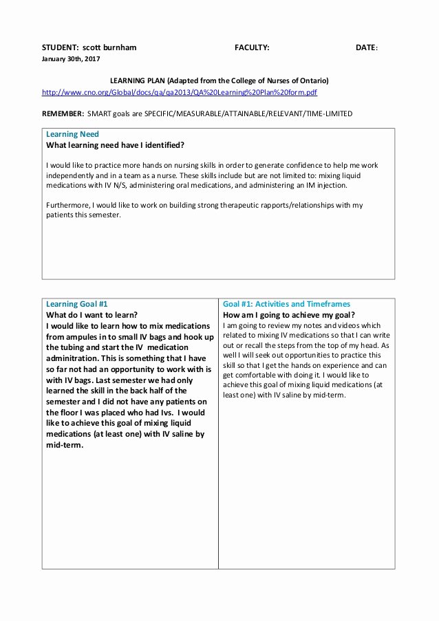 Nursing Teaching Plan Sample Elegant Learning Plan with 5 Goals