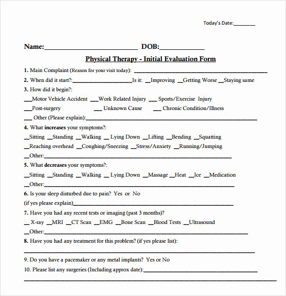 Occupational therapy Treatment Plan Template Awesome Sample Physical therapy Evaluation 7 Examples format