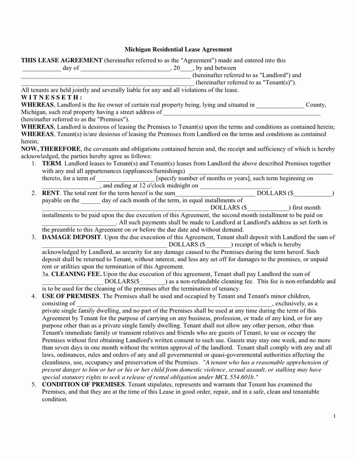 One Page Lease Agreement Best Of Michigan Residential Lease Agreement In Word and Pdf formats