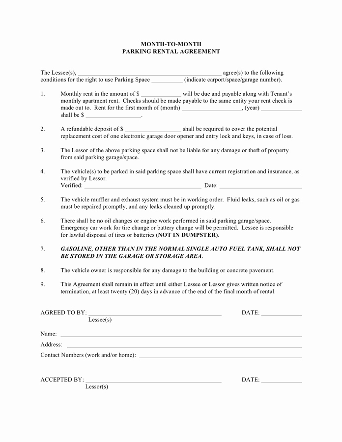 One Page Lease Agreement Best Of Month to Month Parking Rental Agreement Template In Word