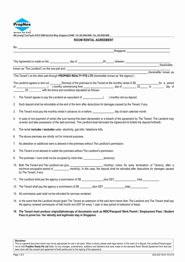 One Page Lease Agreement Lovely Room Rental Agreement In Word and Pdf formats