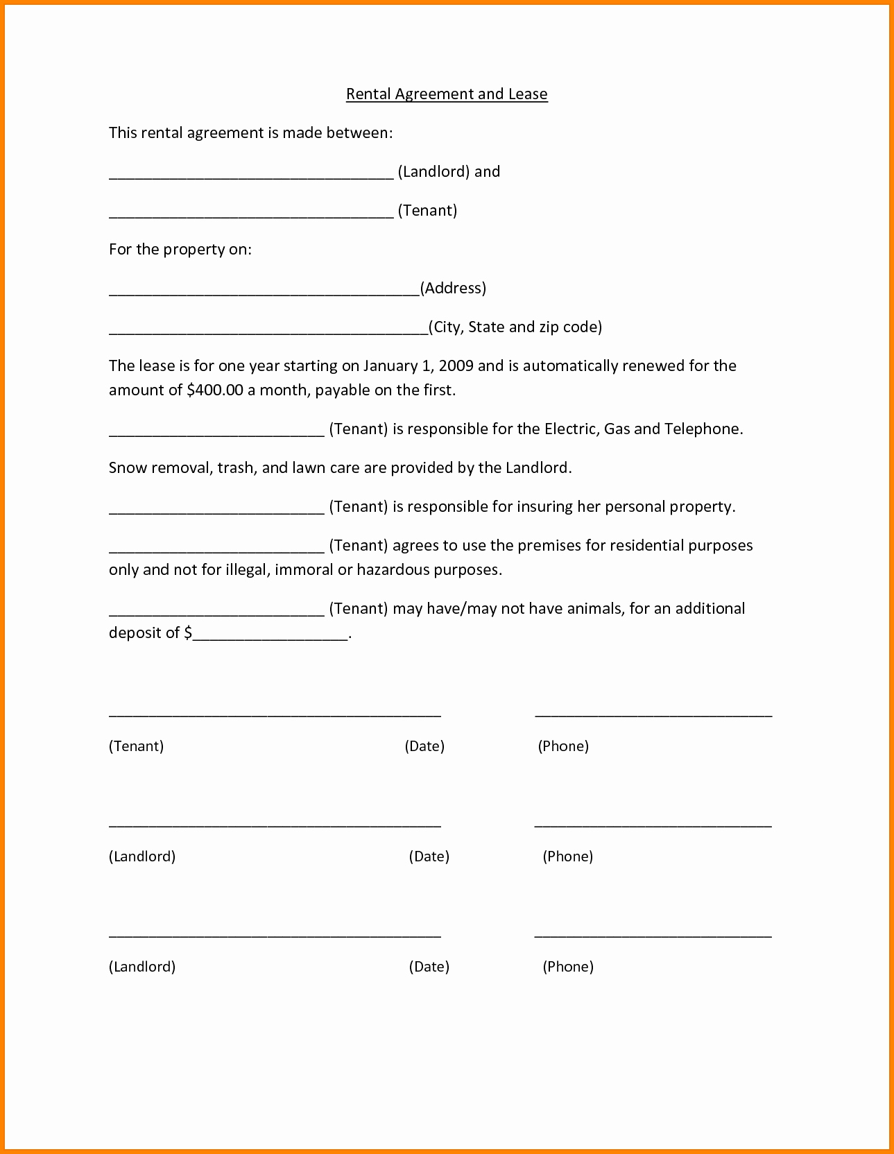 One Page Lease Agreement Unique 15 Basic Renters Agreement