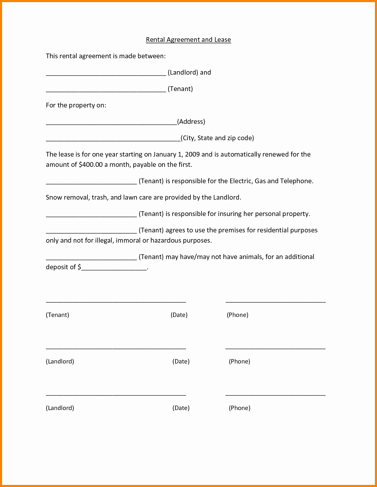 One Page Lease Agreement Unique 15 Basic Renters Agreement