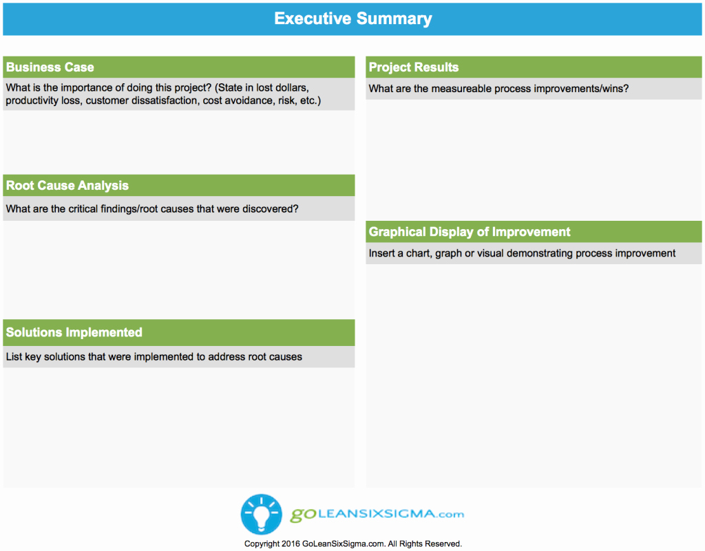 One Page Project Summary Lovely Executive Summary Goleansixsigma