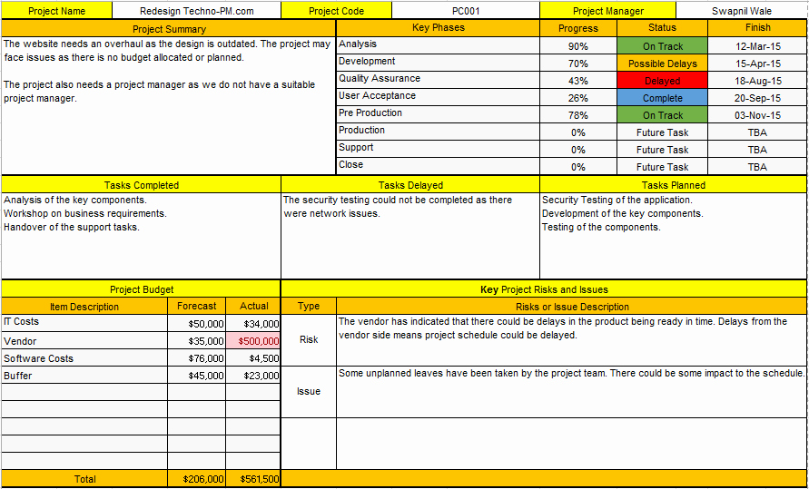 One Page Project Summary Lovely Project Status Report Template Excel E Page Report