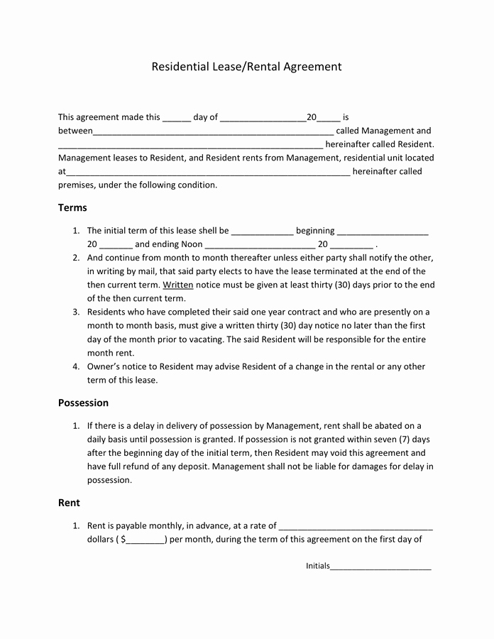 One Page Rental Agreement Elegant Residential Lease Rental Agreement In Word and Pdf formats