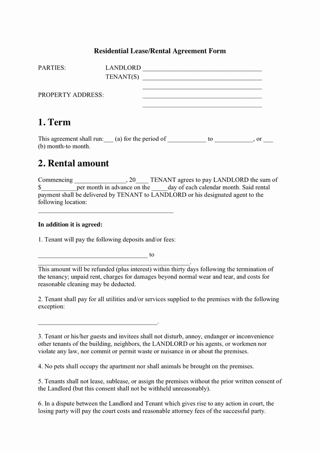 One Page Rental Agreement New Residential Lease Rental Agreement form In Word and Pdf