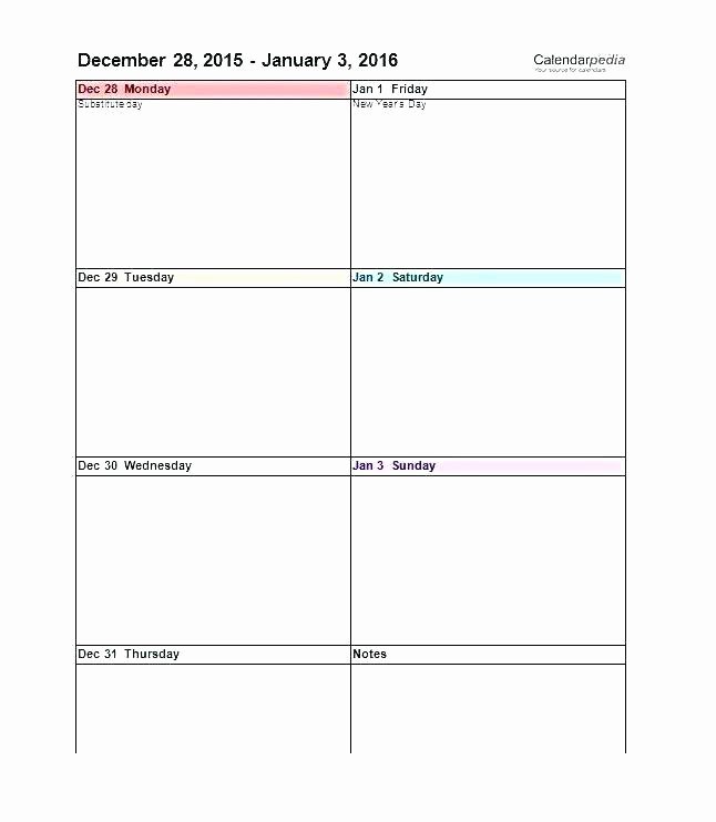 One Week Schedule Template Awesome E Week Calendar Template