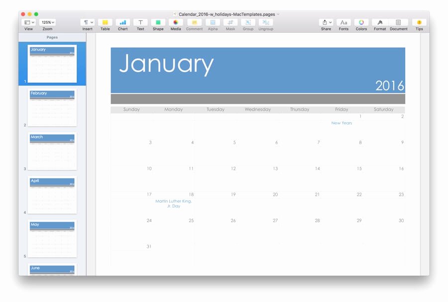 Pages Calendar Template Mac Lovely 2016 Calendar Template for Pages &amp; Pdf Mactemplates