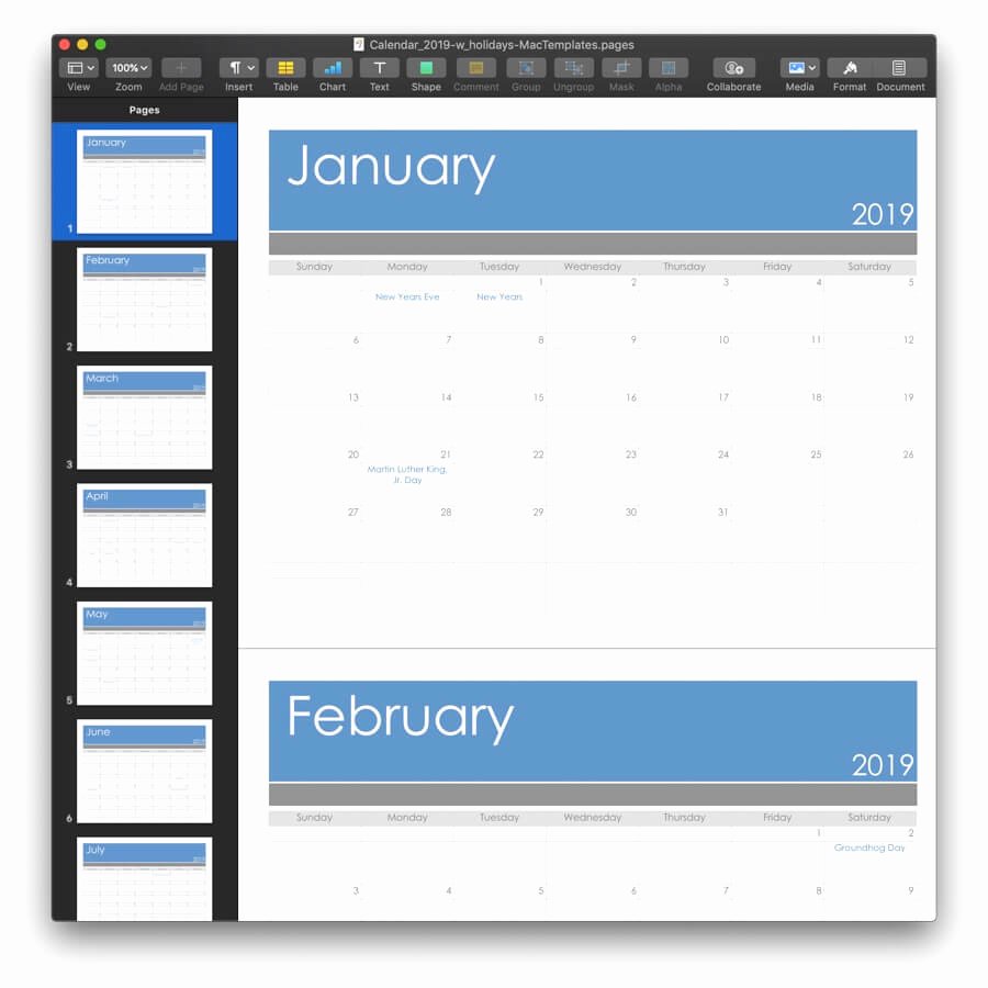 Pages Calendar Template Mac Lovely 2019 Calendar Template for Pages &amp; Pdf Mactemplates