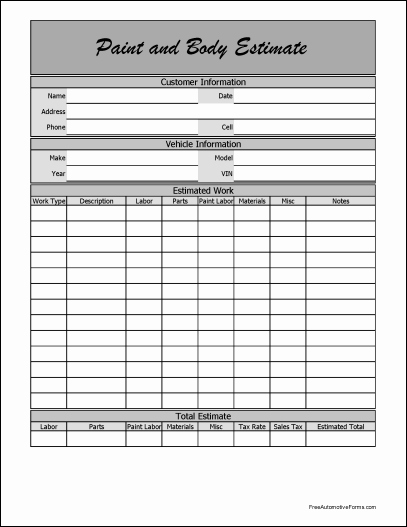 Painting Estimate Template Excel Best Of Free Auto Body Estimate forms