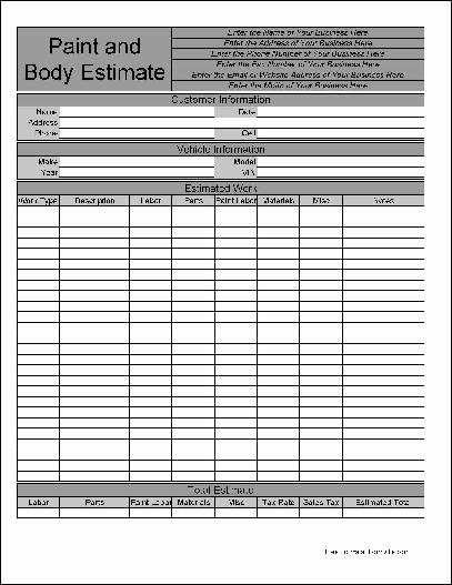 Painting Estimate Template Free Downloads Elegant Free Personalized Paint and Body Estimate form From formville