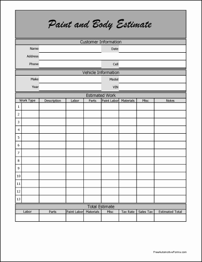 Painting Estimate Template Free Downloads New Free Fancy Wide Numbered Row Paint and Body Estimate form